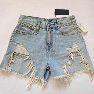NEW Women's R13 Denim Shredded Slouch Short Blue Shorts Size 25